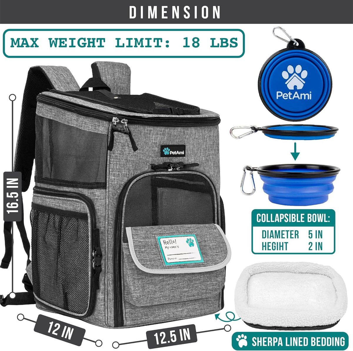 Dog Backpack Carrier, up to 18 Lbs, Heather Gray