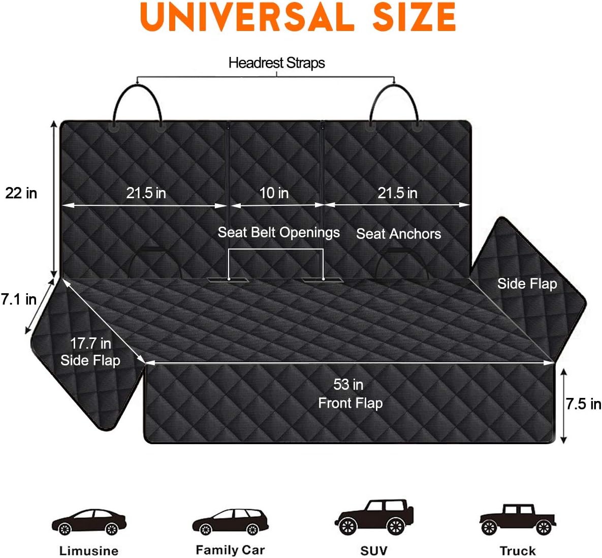 Back Seat Cover for Dogs Pet  (53” Width)- Black