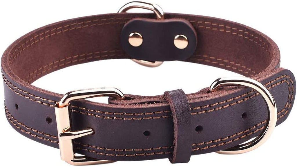 Leather Dog Collar, Genuine Heavy Duty Wide Dog Collar for Small,Medium,Large and Extra Large Dog (S: 0.8" Wide for 13.4"-15.8" Neck, Dual Stitch - Brown)